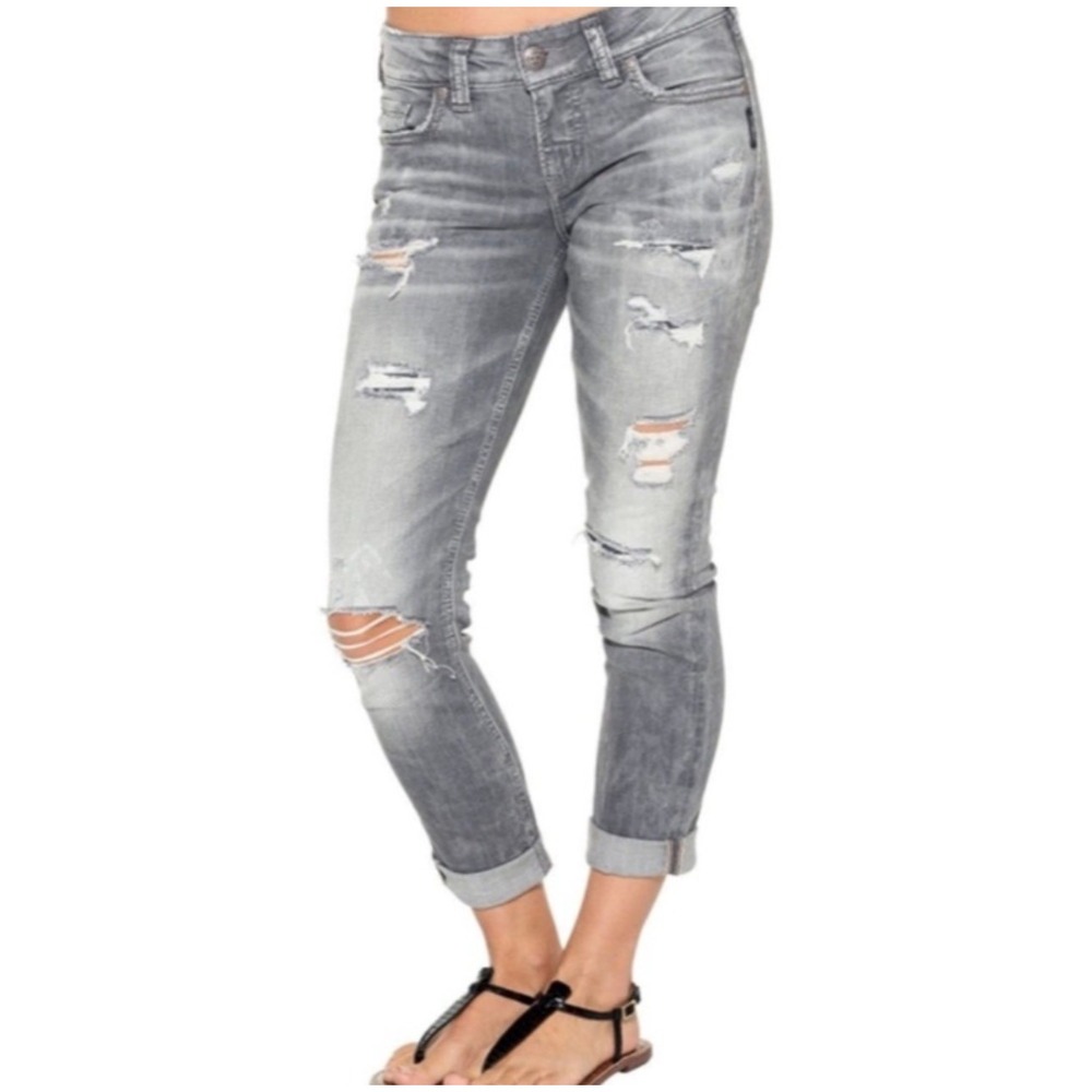 Silver Jeans 27 Suki Mid Ankle Slim Gray Distressed Ripped‎